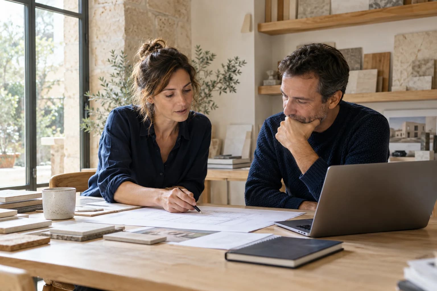 Une entrepreneure fait le point sur son activité avec son client dans son atelier