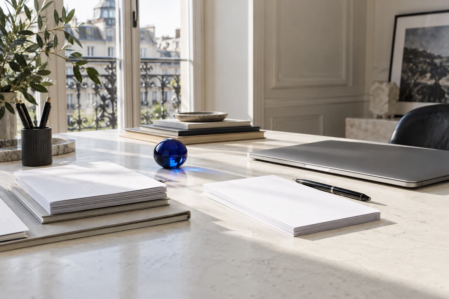 Un espace de travail d’entrepreneur avec documents et ordinateur